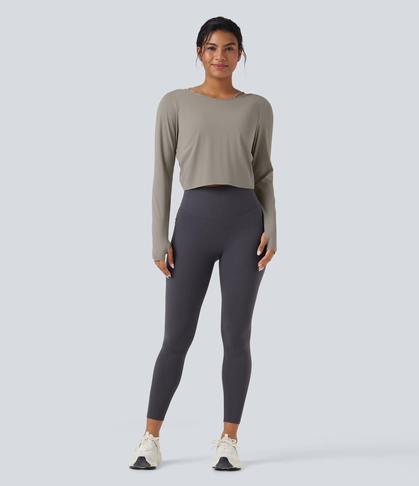 Top de sport yoga SoftlyZero™ QuickDry 2-en-1 dos nu torsadé manches longues avec trous pouces