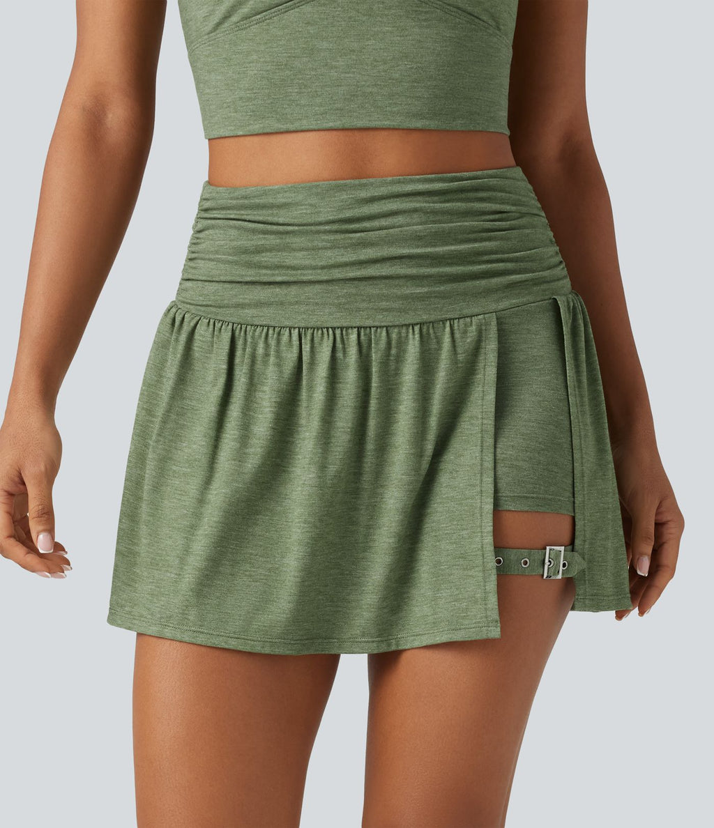 Jupe mini trapèze de sport 2-en-1 taille haute froncée avec poche latérale