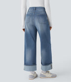 Jean décontracté Halara Flex™ taille haute jambes larges avec poches multiples et ourlet ajustable, en maille extensible effet délavé