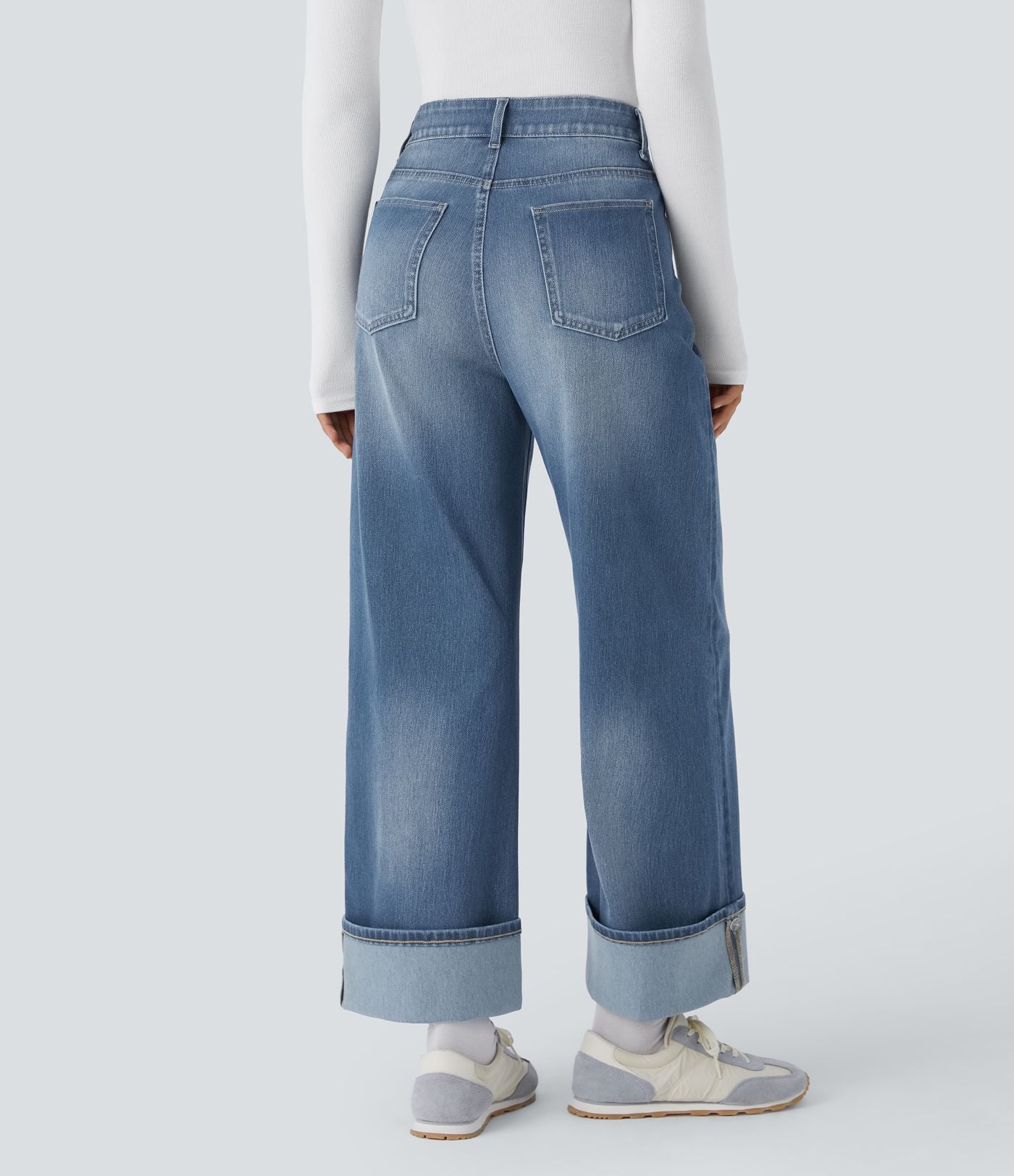 Jean décontracté Halara Flex™ taille haute jambes larges avec poches multiples et ourlet ajustable, en maille extensible effet délavé