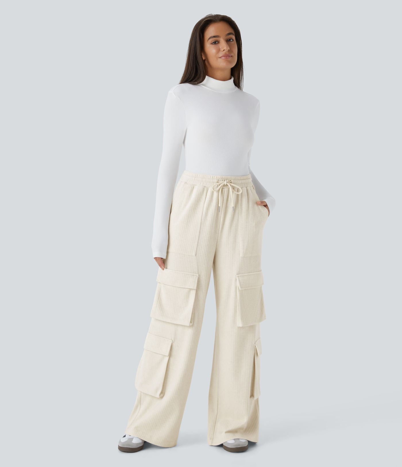 Pantalon cargo décontracté large à cordon côtelé, taille mi-haute, avec poches
