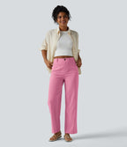 Pantalon taille haute coupe droite effet lin avec poches