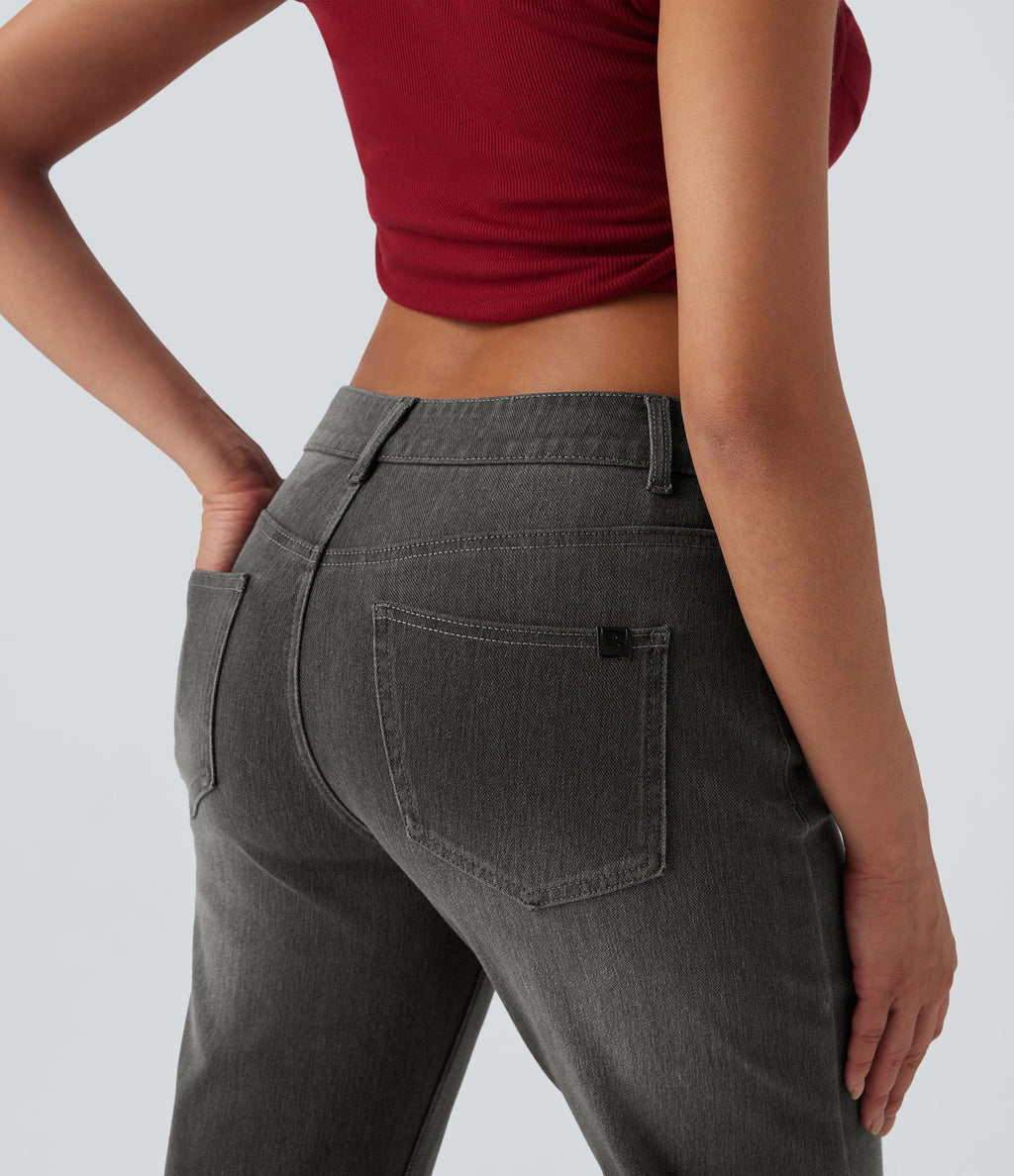 Jean décontracté Halara Flex™ taille basse à jambes droites avec bouton, fermeture éclair, multiples poches, effet délavé en maille extensible