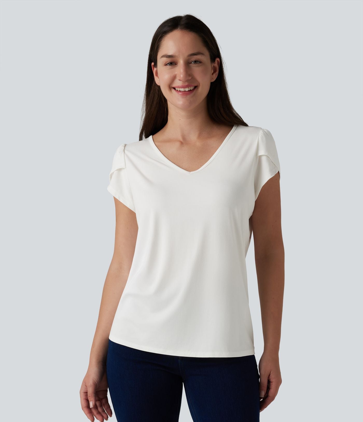 T-shirt casual col V manches courtes pétale