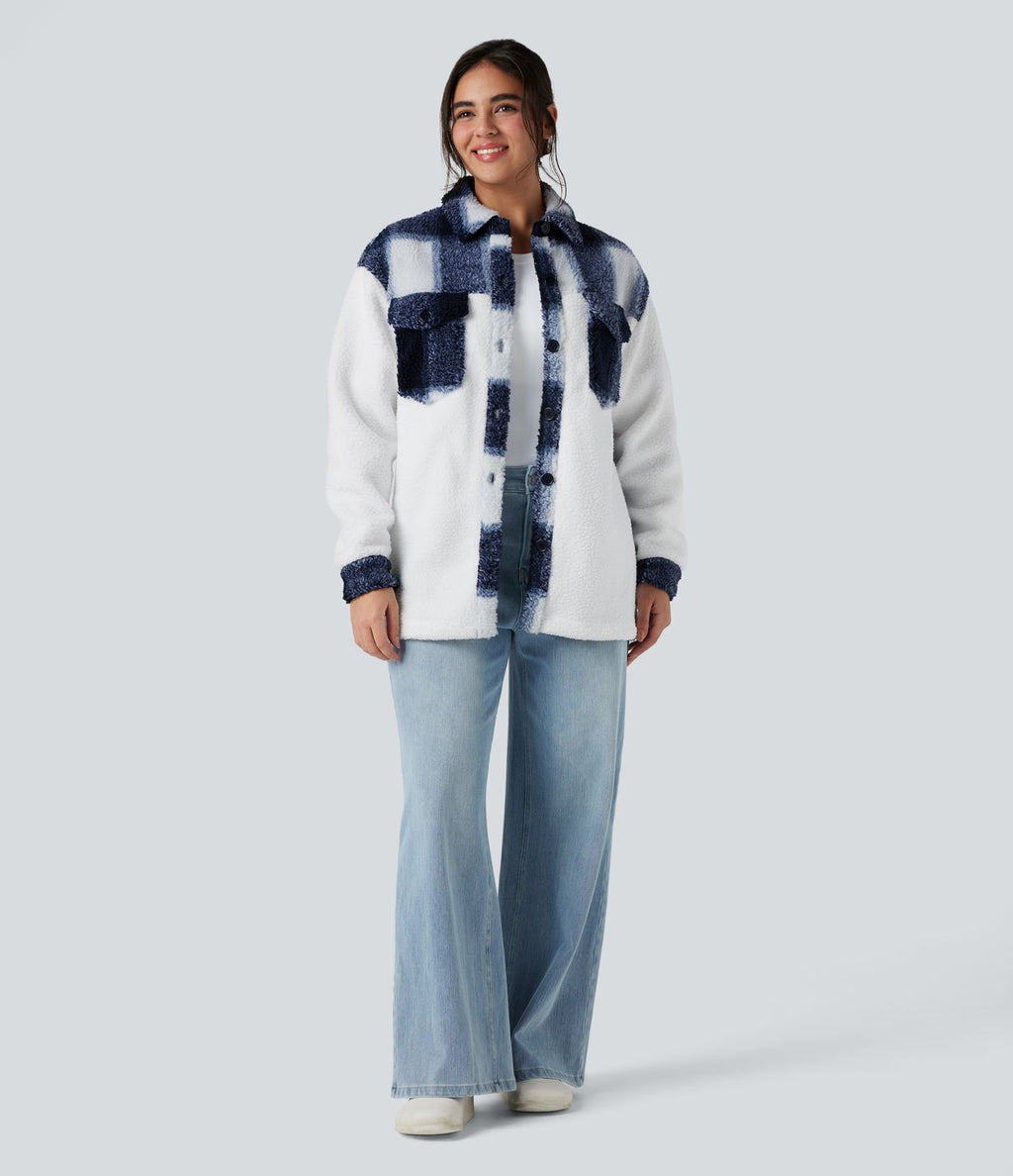 Veste sherpa carreaux color block manches longues avec poches
