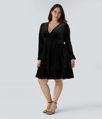 Quotidien de Robe Velours Mini Grande Taille avec Décolleté Profond en V et Ourlet à Volants