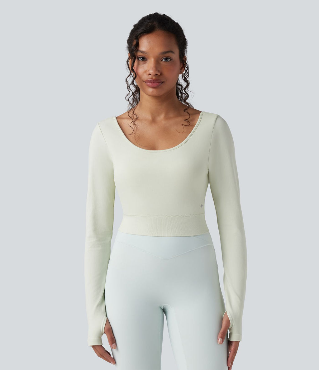 Haut de sport de yoga court Seamless Flow dos nu torsadé encolure dégagée manches longues avec passants pouces