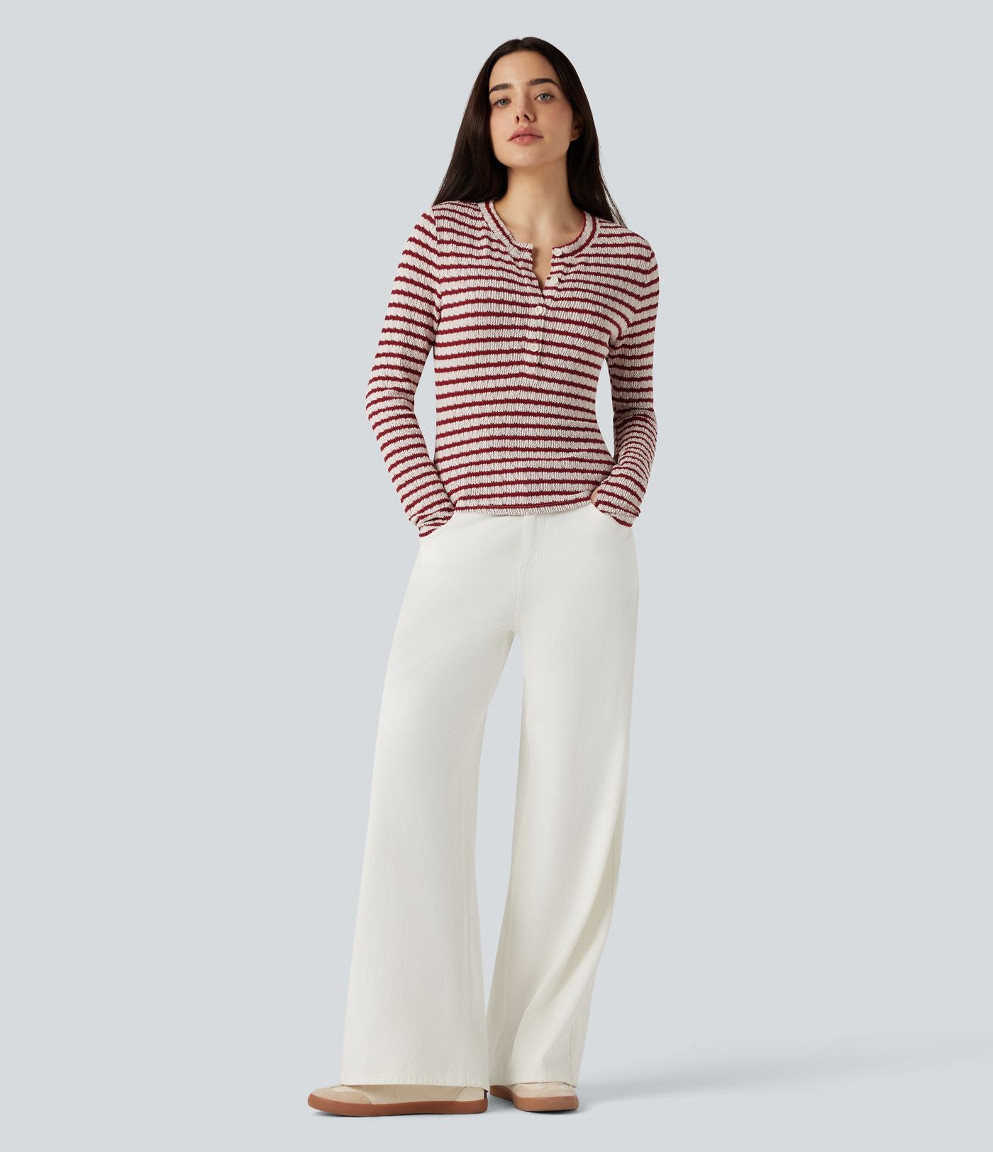 T-shirt rayé col Henley manches longues avec trous pouces