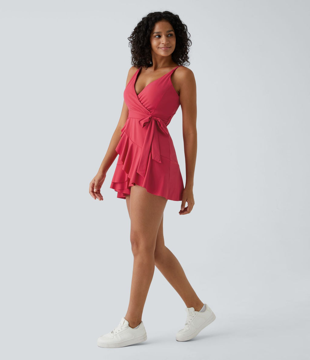 Robe décontractée mini 2-pièces col V liens latéraux volant fluide avec poche A-D