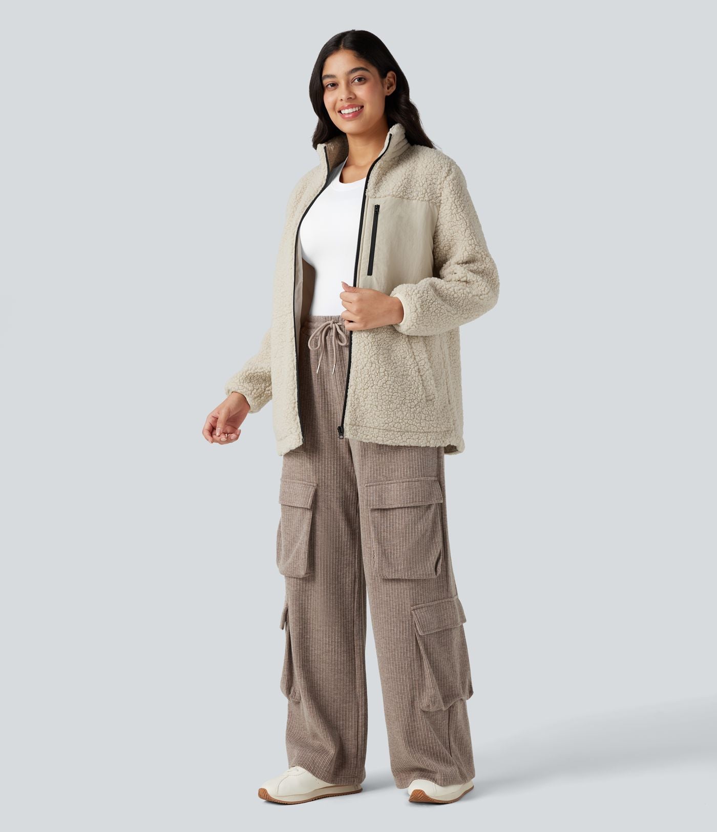 Veste teddy randonnée col montant décontractée avec fermeture éclair et poches