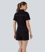 Halara Flex™ combi-short utilitaire à col et manches courtes en jean extensible délavé avec poches multiples