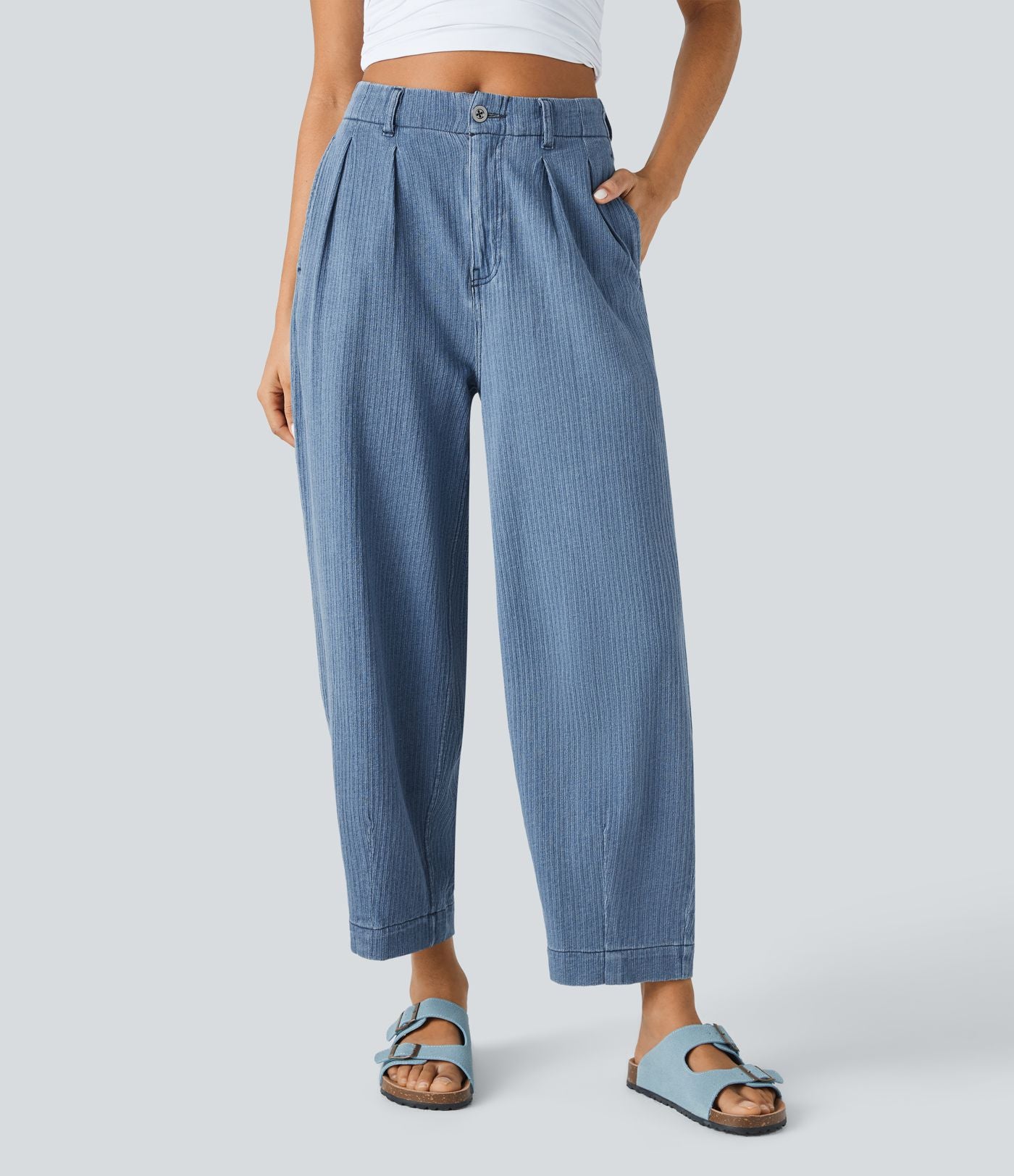 Jean carotte 7/8 casual délavé Halara Flex™ taille mi-haute avec poches