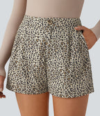 Short en coton décontracté taille haute, poches latérales et imprimé léopard