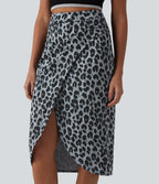 Jupe midi casual tulipe taille haute froncée en tissu gaufré imprimé léopard