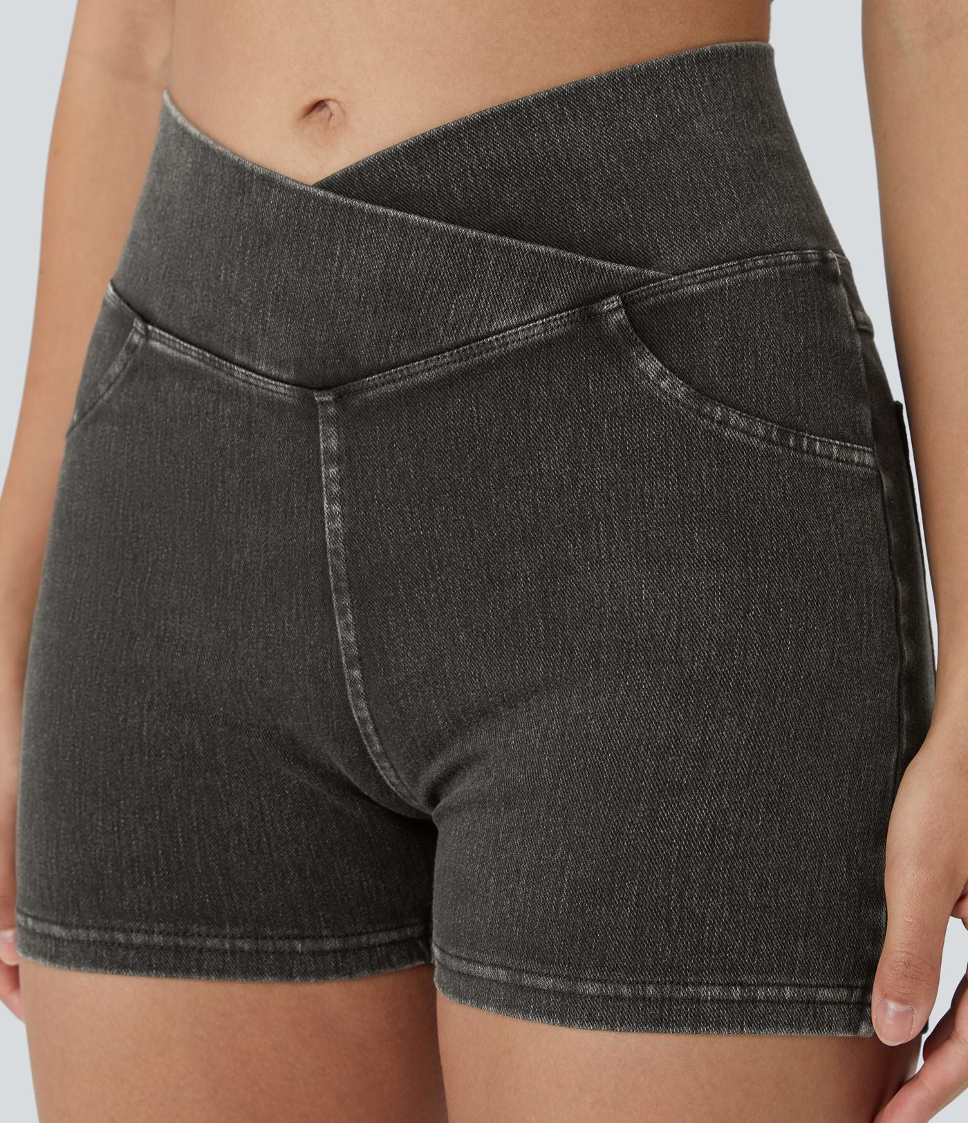 Halara Flex™  Shorts 7,5cm Denim Casual Taille Haute Poches Latérales Croisées en Maille Extensible