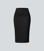 Jupe Midi Moulante Casual en Côtes Taille Haute Fendue
