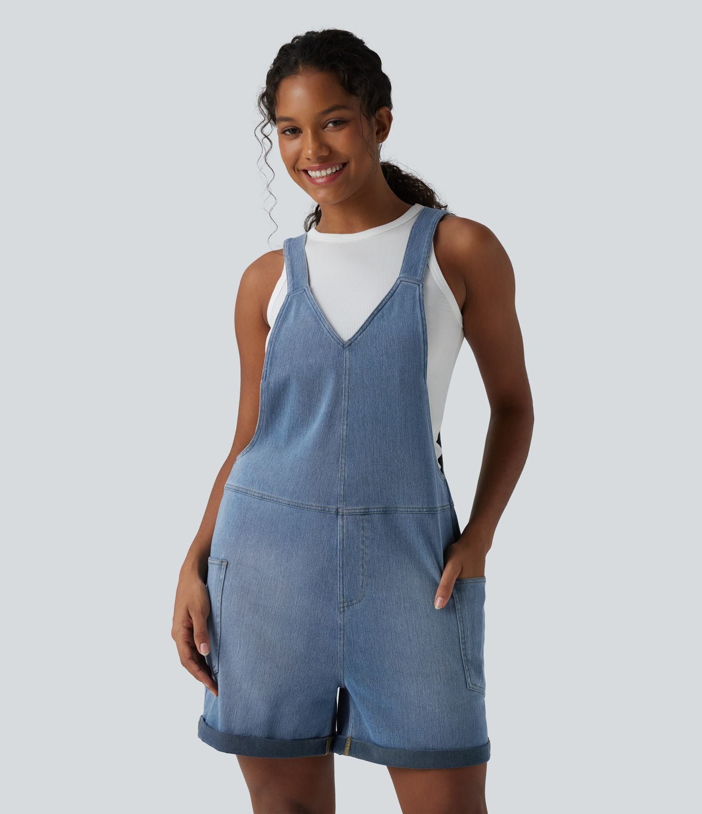 Salopette en jean Halara Flex™ col V délavée décontractée à ourlet roulotté avec poches