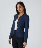 Blazer tailleur ajusté à col rond, manches longues avec boutons décoratifs