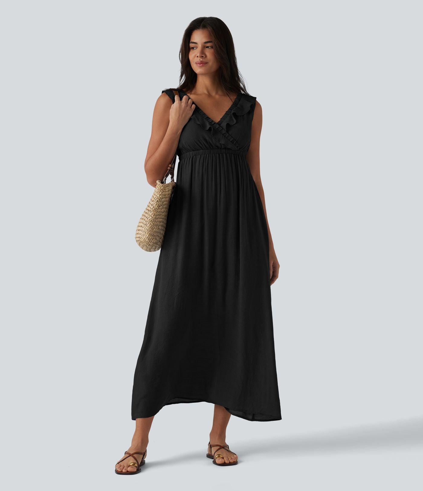 Robe fluide midi vacances col V sans manches dos nu à nouer volants avec poches
