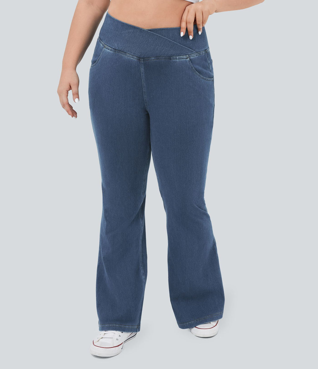 Jean super évasé Halara Flex™ grande taille en maille denim extensible délavée taille haute avec poches croisées effet frais InstantCool respirant
