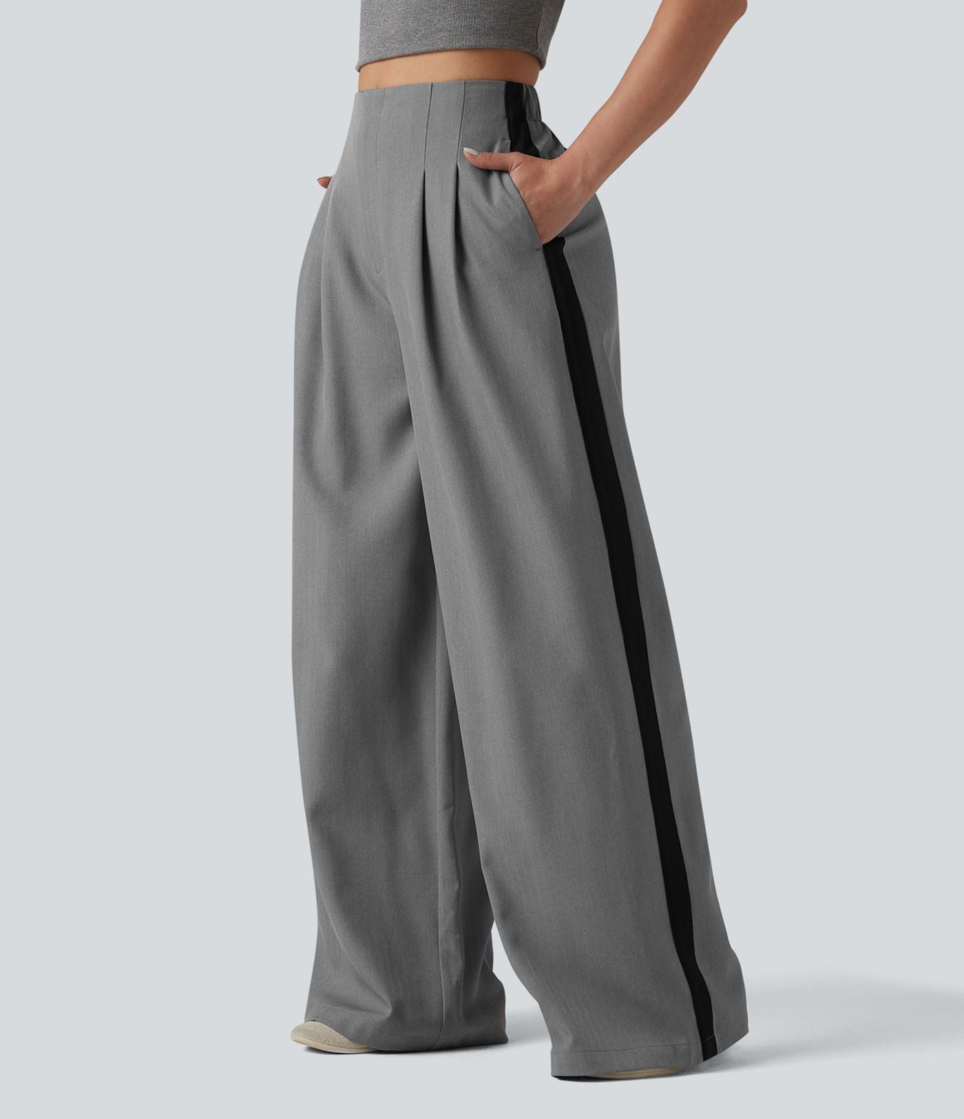 Pantalon large infroissable taille haute color block décontracté aspect lin avec poches