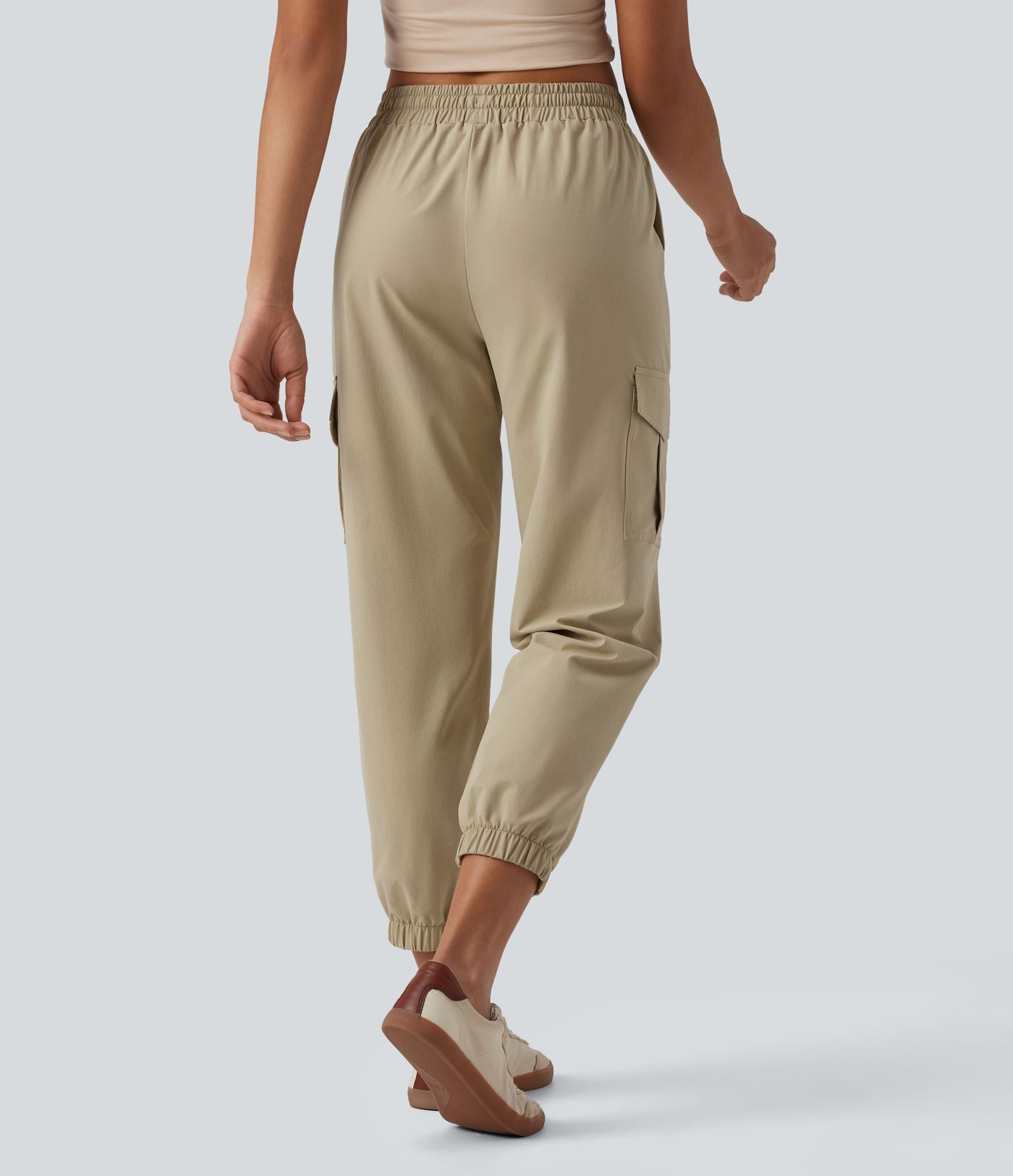 Jogging cargo décontracté popeline extensible taille mi-haute avec cordon de serrage et poches