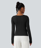 Top casual push-up à col V avec bonnets moulés, manches longues, fronces et ourlet fendu - Bonnet A/B