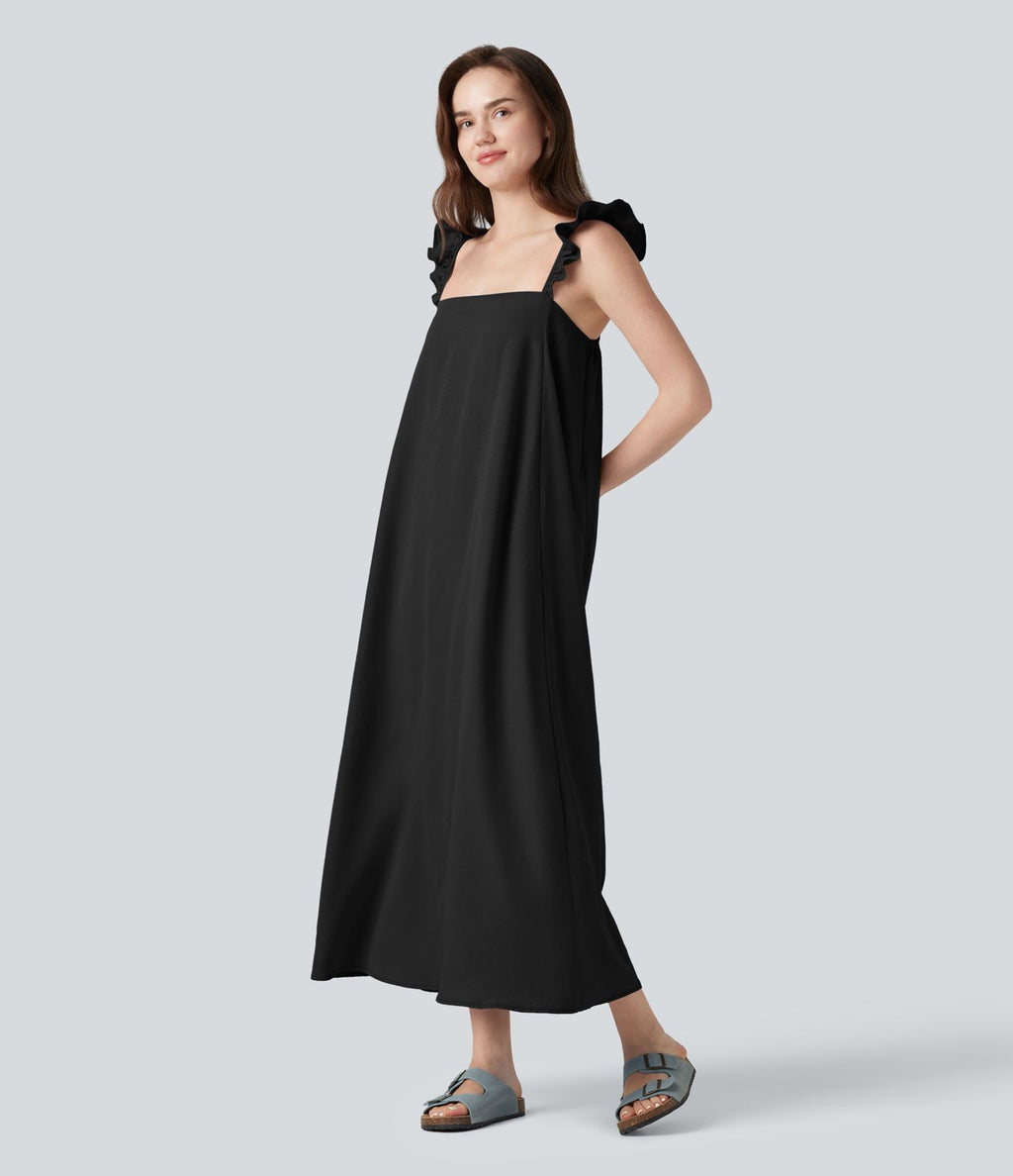Robe casual fluide midi sans manches col carré avec bordure à volants et poches