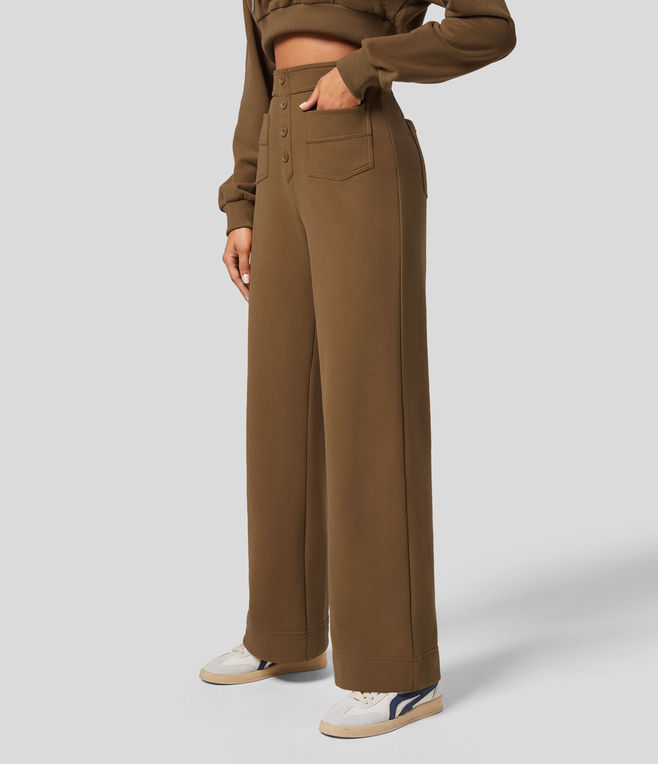 Pantalon Jogging en Fleece Thermique Jambe Droite Boutons Taille Haute Plusieurs Poches