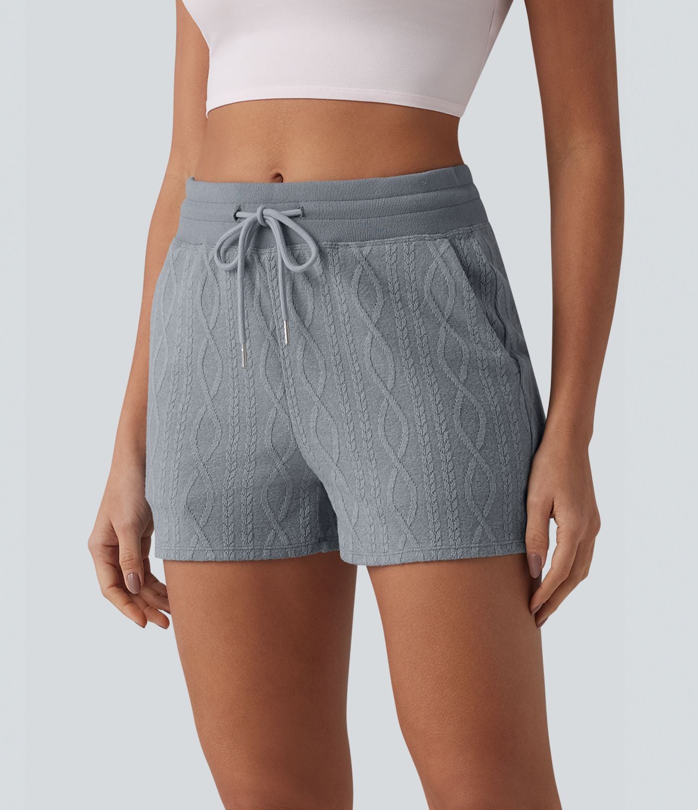 Short casual 7,5 cm en maille torsadée taille mi-haute, cordon de serrage et poches