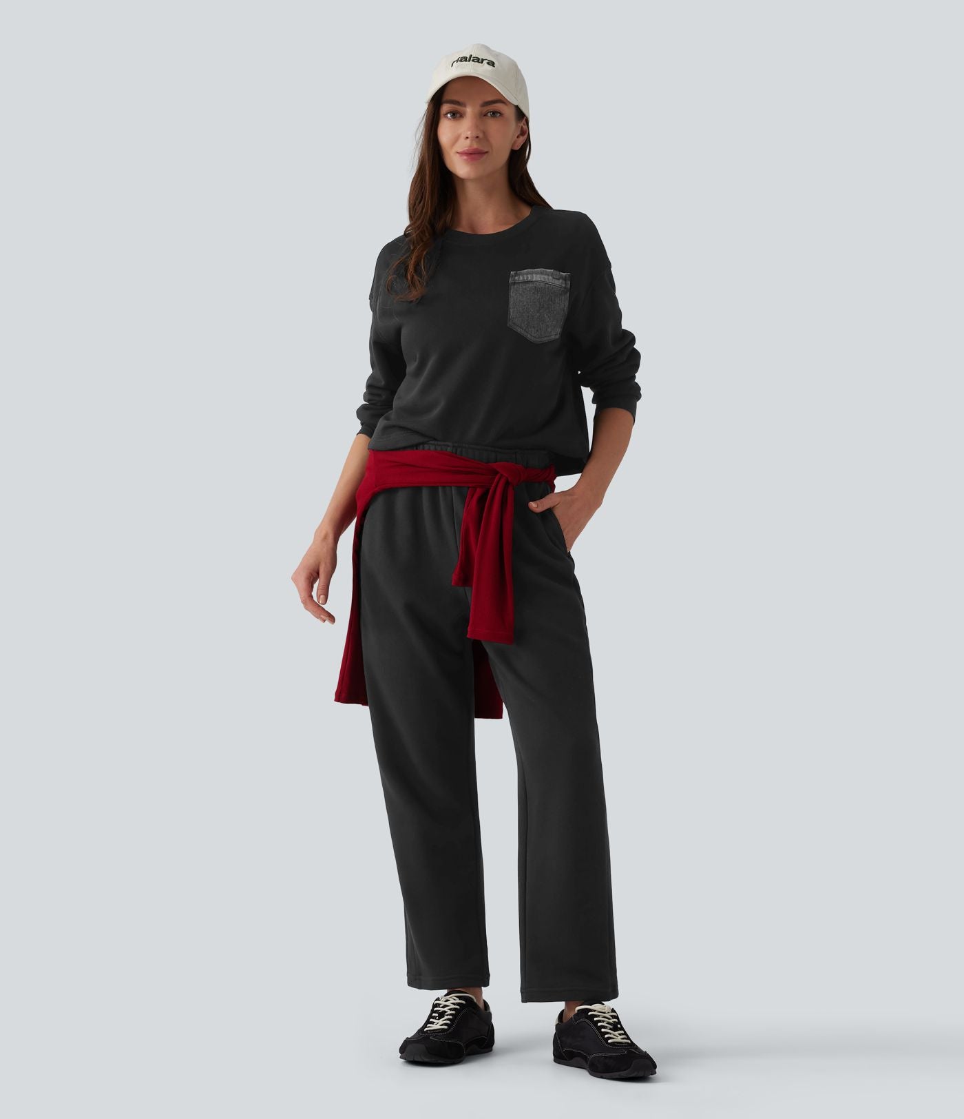 Pantalon de jogging décontracté fuselé taille mi-haute avec cordon de serrage intérieur coton avec poches