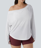 Haut de yoga grande taille asymétrique une épaule dénudée manches longues avec passages pouces, ourlet arrondi high-low et séchage rapide - Brassière intégrée