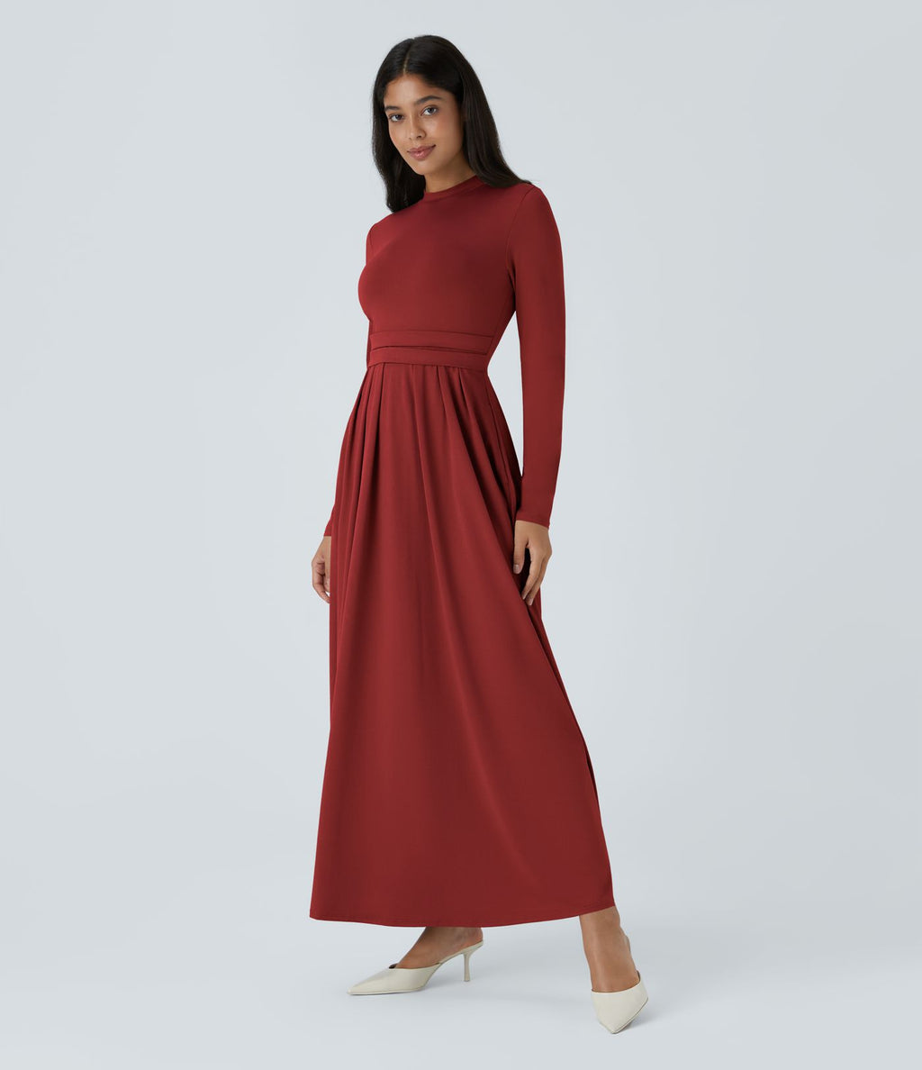 Robe longue décontractée à col montant, manches longues, plissée, avec poches latérales et coupe évasée