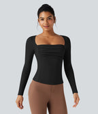 T-shirt tailleur côtelé col carré froncé manches longues