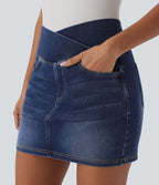 Halara Flex™ Jupe en Jean courte en maille extensible délavée à taille haute croisée avec poches multiples