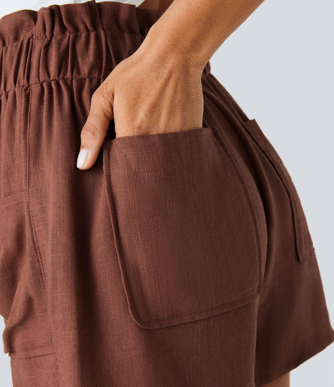 Short Casual en Mélange de Lin à Taille Mi-Haute avec Taille Sac Papier Cordon de Serrage Multiples Poches et Ourlet Courbé