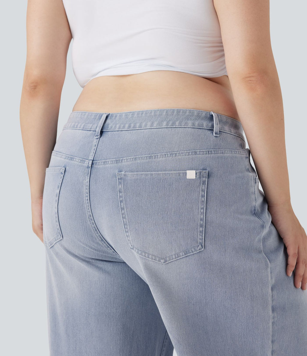 Jean décontracté grande taille Halara Flex™ taille basse large en maille extensible délavée avec multiples poches