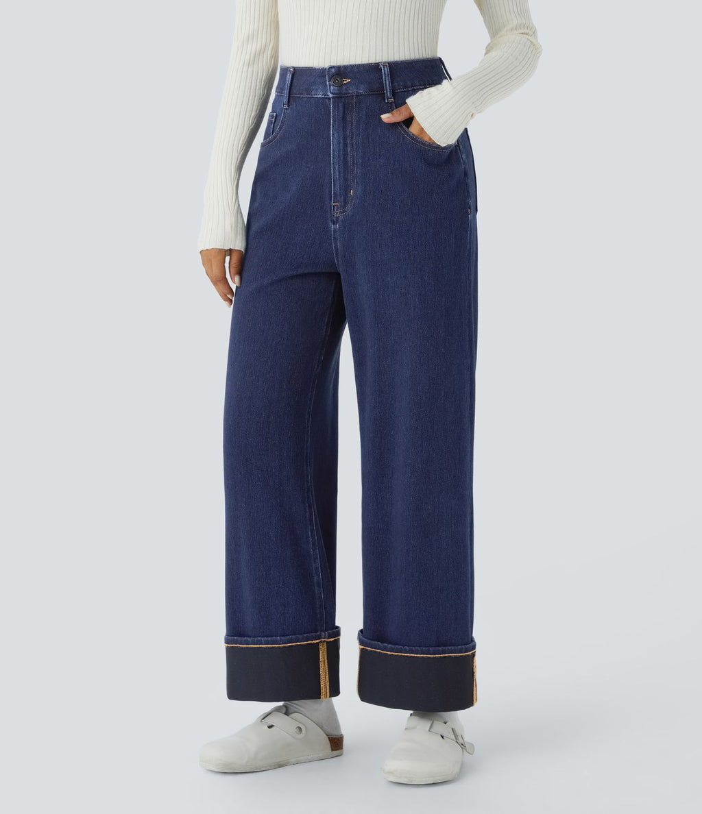 Jean décontracté Halara Flex™ effet chevron taille haute, jambes larges, ourlet roulotté et poches multiples