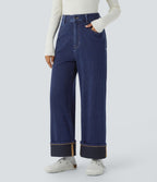 Jean décontracté Halara Flex™ effet chevron taille haute, jambes larges, ourlet roulotté et poches multiples