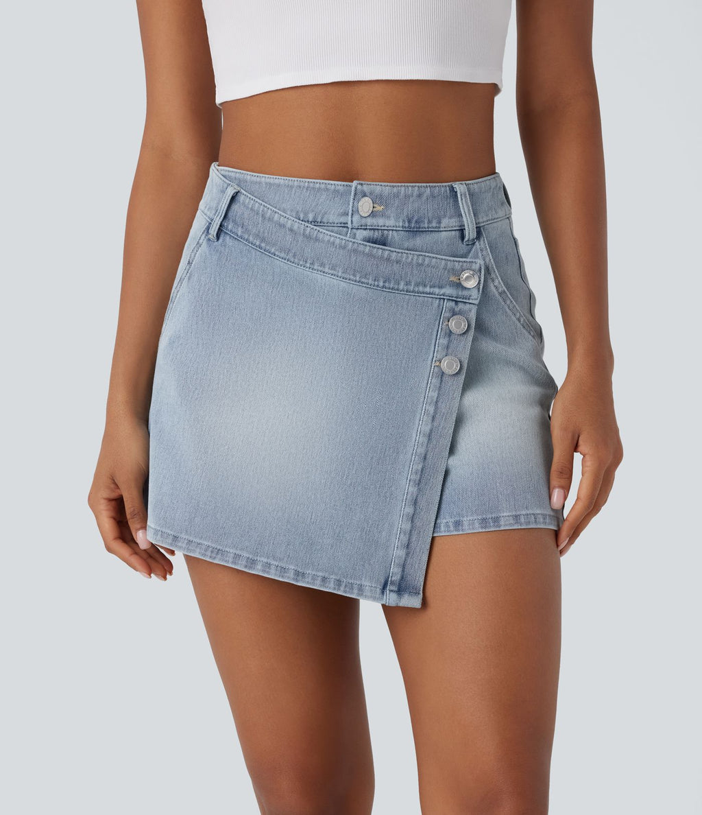Halara Flex™ Short décontracté en jean extensible effet délavé à taille haute avec poches multiples et détail enveloppant