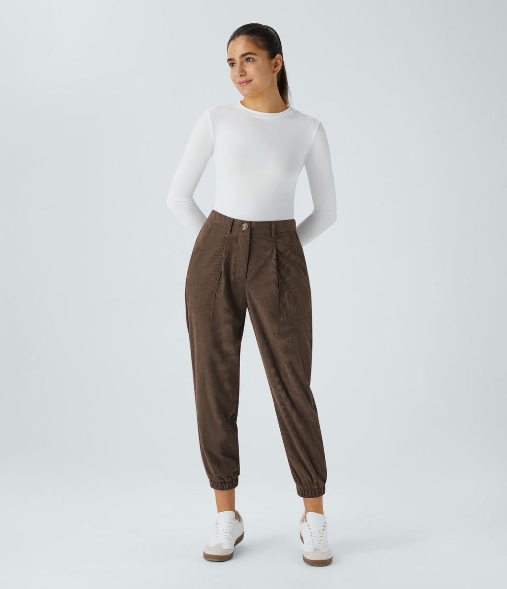 Pantalon décontracté en velours côtelé avec taille mi-haute, boutons et fermeture éclair