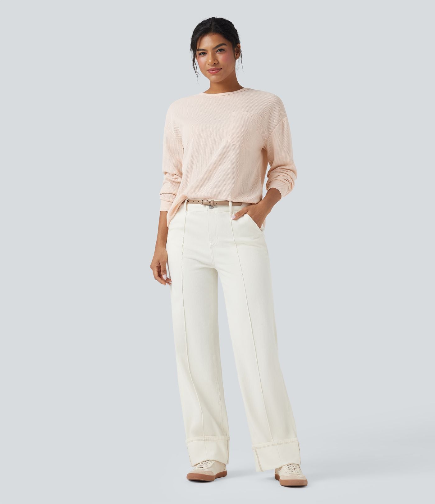 T-shirt gaufré col rond manches longues avec poche