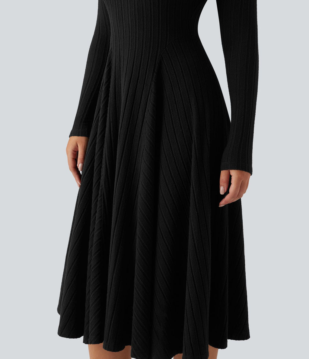 Robe mi-longue évasée maille côtelée à décolleté en V et manches longues