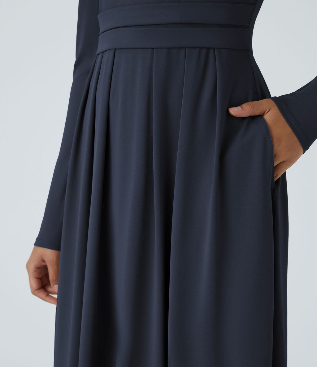 Robe longue décontractée à col montant, manches longues, plissée, avec poches latérales et coupe évasée