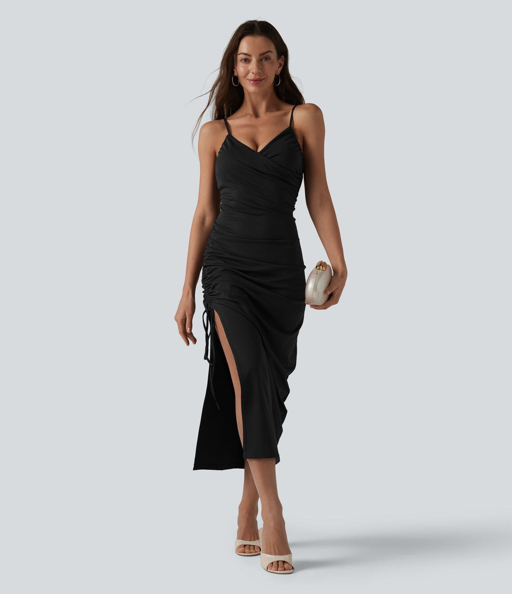 Robe midi moulante à col en V rembourrage non amovible et fronces à cordon