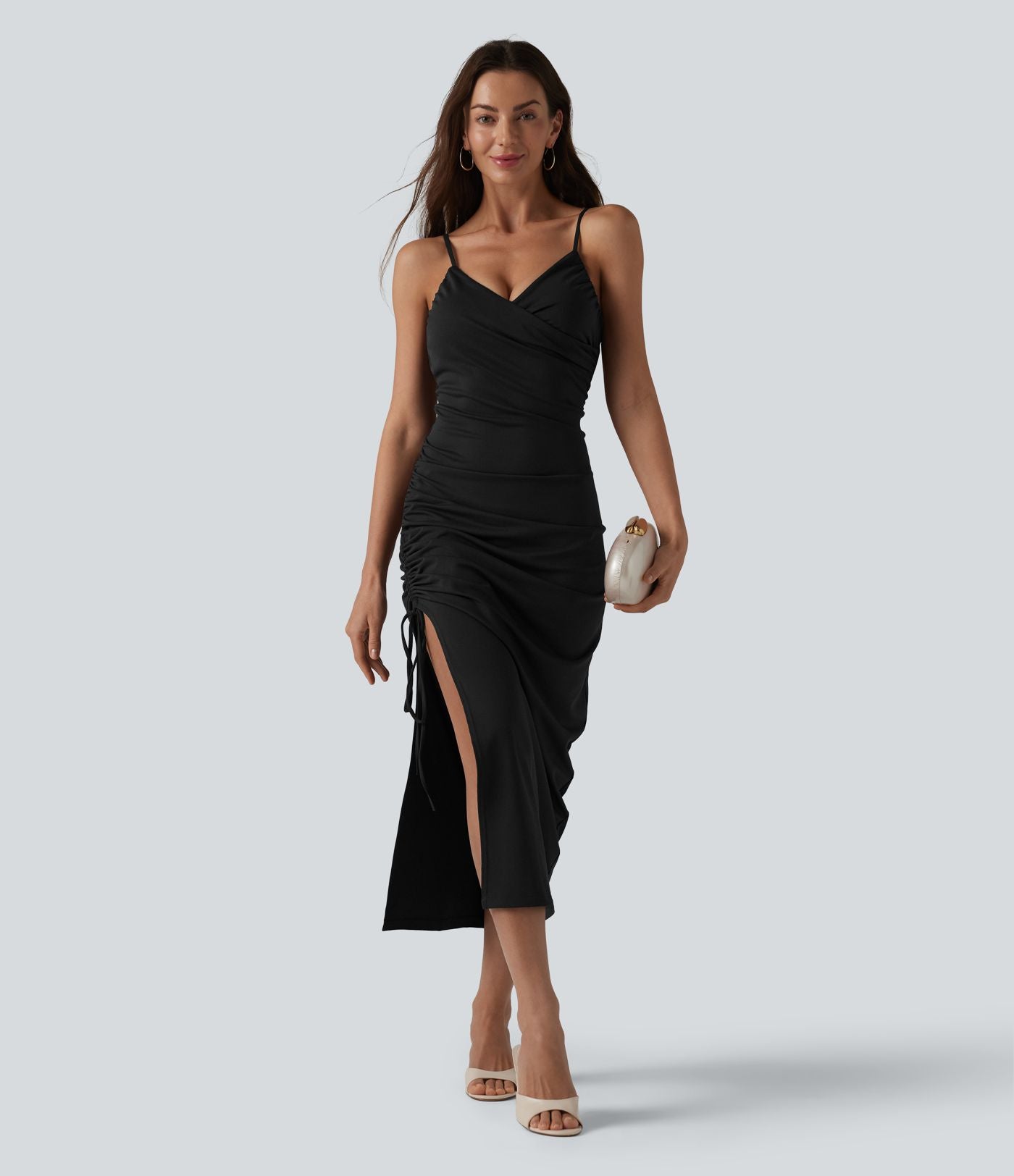 Robe midi moulante à col en V rembourrage non amovible et fronces à cordon