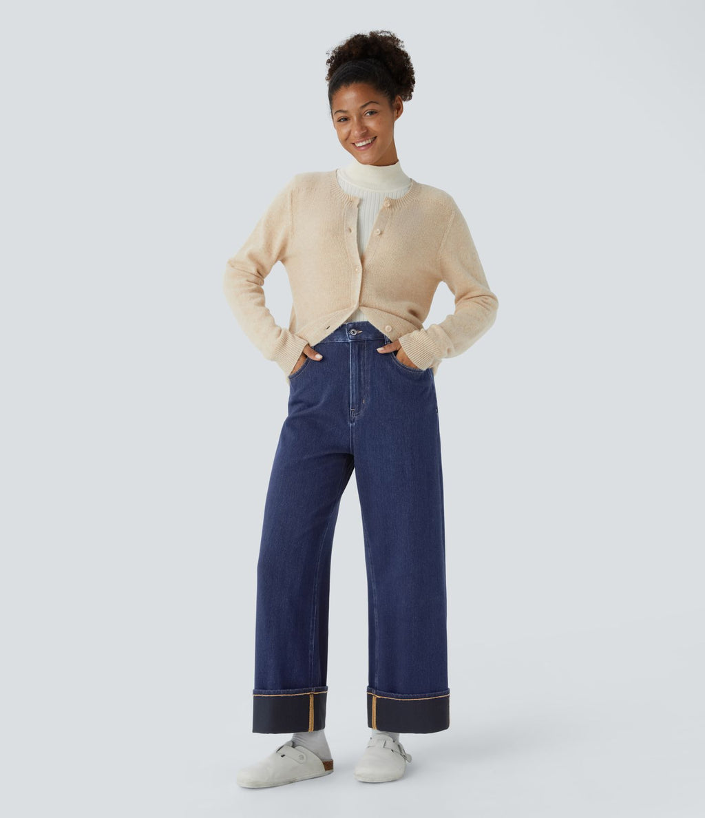 Jean décontracté Halara Flex™ effet chevron taille haute, jambes larges, ourlet roulotté et poches multiples