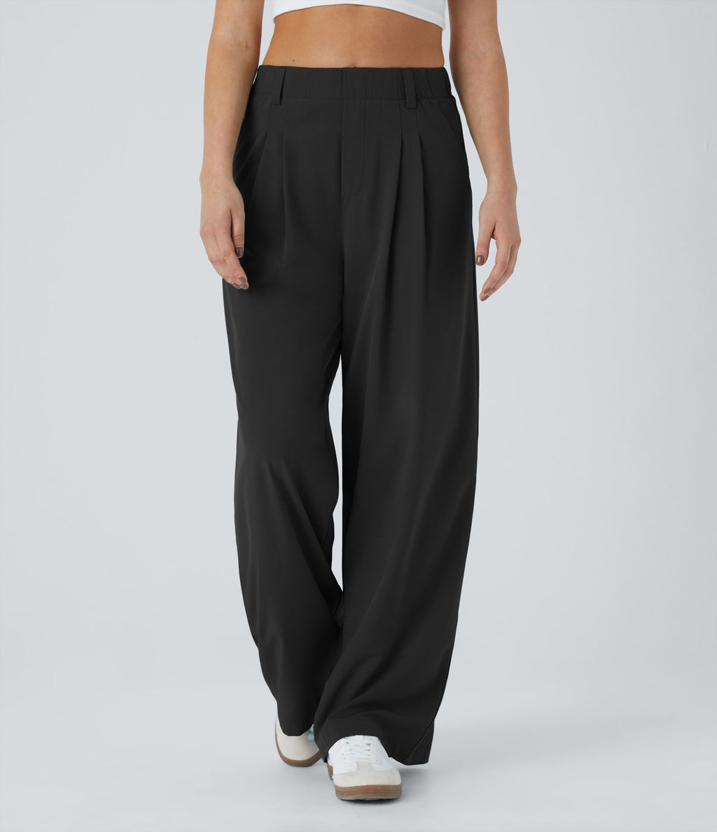 Breezeful™ Pantalon Large Fluide Taille Haute Poches Latérales Palazzo Solide Casual Linen-Feel
