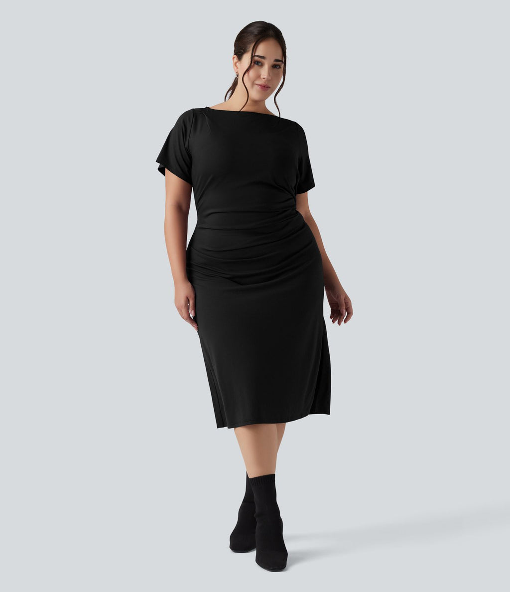 Robe midi grande taille moulante froncée à manches courtes avec fente pour le travail