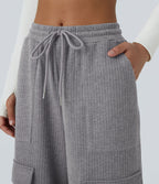 Pantalon cargo décontracté large à cordon côtelé, taille mi-haute, avec poches